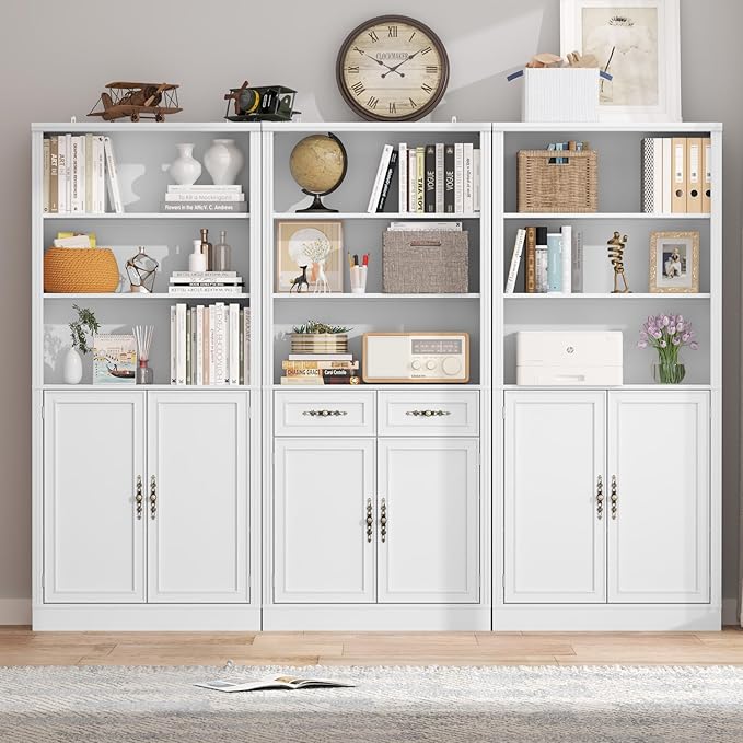 72'' Tall Bookcase with Doors and Drawers, Adjustable Shelves, P2 MDF Construction, 32'' Wide Freestanding Cabinet with Metal Handles, Hidden Storage for Living Room, Bedroom, White