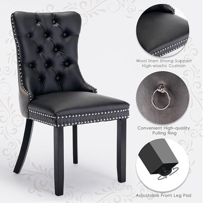 Leather Upholstered Dining Chairs Set of 4, Modern Style Kitchen Side Chairs with Nailhead Trim and Wood Leg, Metal Pulling Ring for Dining Room Living Room(Black&Grey,Set of 4)