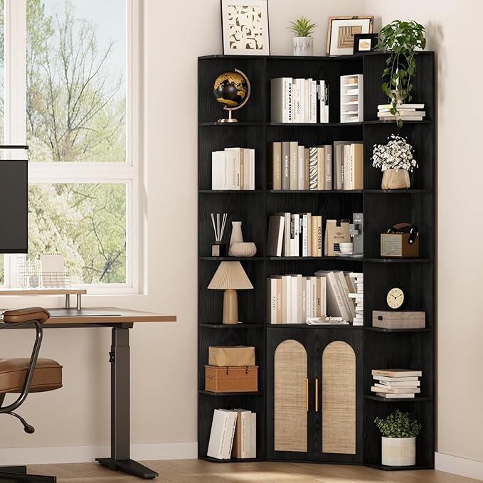 74" Tall Corner Bookshelf with 2 Arched Rattan Doors, 6-Tire L Shaped Bookcase with 16 Open Storage Shelves, Boho Large Corner Shelf with Cabinet for Living Room, Home Office