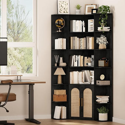74" Tall Corner Bookshelf with 2 Arched Rattan Doors, 6-Tire L Shaped Bookcase with 16 Open Storage Shelves, Boho Large Corner Shelf with Cabinet for Living Room, Home Office