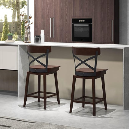 COSTWAY Swivel Bar Stool Set of 2, 24 Inch Ergonomic Counter Height Chairs with Open X Back & Footrest, 2PCS Vintage Wooden Barstools for Kitchen Island, Pub, Bistro, Café, Brown (2, 24 inch)