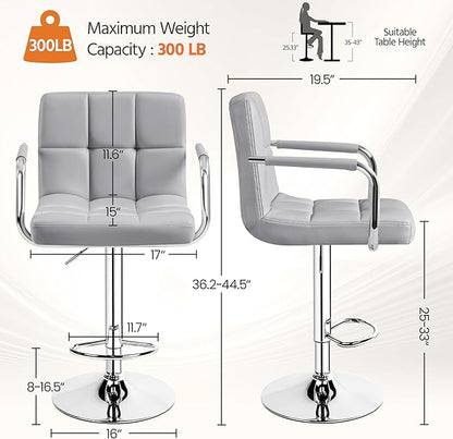 Yaheetech Bar Stools Set of 2, PU Leather Adjustable Swivel Barstools, Hydraulic Kitchen Counter Height Bar Chairs with Armrest and Back for Kitchen, Dining Room, Light Grey