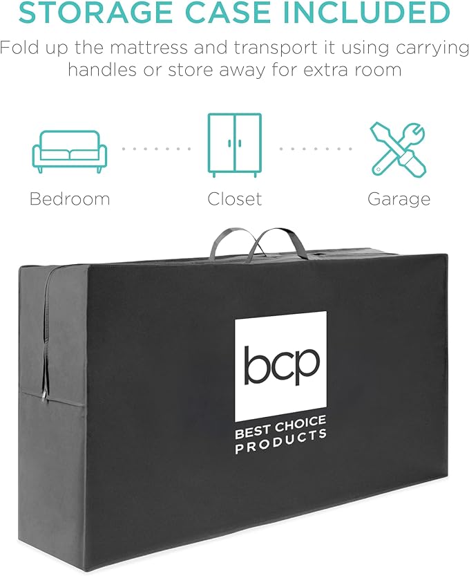 Best Choice Products 4in Portable Twin XL-Size Mattress, Tri-Fold Mattress for Camping, Guest, Toddler, Foam Plush w/Carry Case - Grey