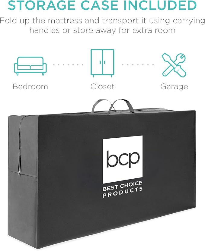 Best Choice Products 4in Portable Twin XL-Size Mattress, Tri-Fold Mattress for Camping, Guest, Toddler, Foam Plush w/Carry Case - Seafoam