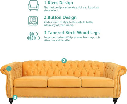 Chesterfield 3 Seater Sofa, Modern Velvet Tufted Couch 3 Seater with Rolled Arms and Nailhead Mid-Century Upholstered Couch for Living Room, Bedroom, Apartment and Office, Yellow