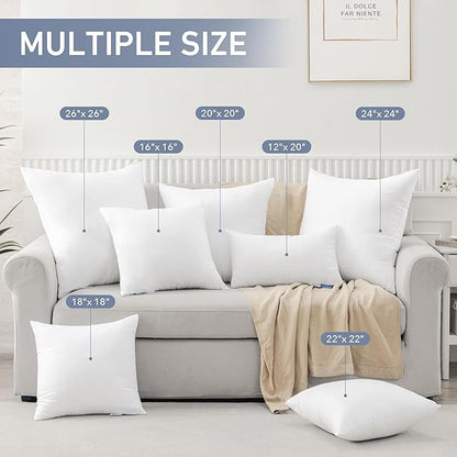 Leeden 18x18 Pillow Inserts Pack of 2, 18 Inch Throw Pillow Inserts, Soft Fluffy Decorative Square Throw Pillows for Couch, Sofa, Bed, and Home Decor White Pillows
