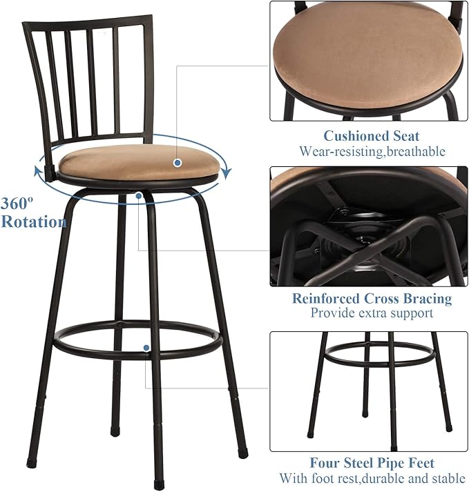 VECELO Adjustable Counter Stools,Bar Stools with 360 Degree Swivel Seat Top and Comfortable Round Seat Cushions,Steel Bistro Pub Chairs