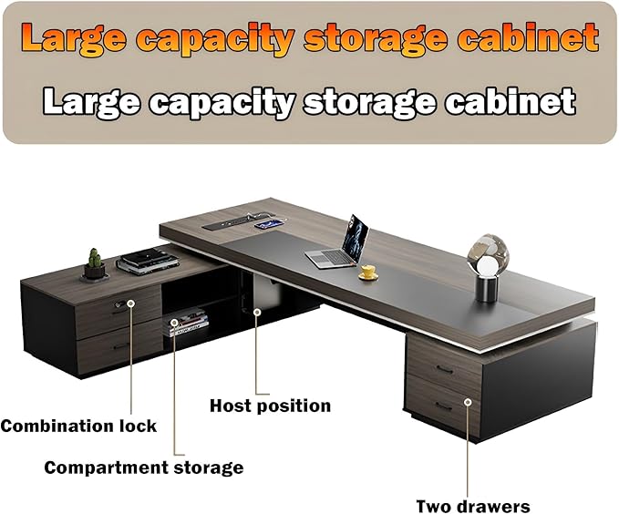Modern Large Desk, Modern L-shaped Desk With Side Cabinets, Executive Desk With Combination Lock Drawer, Business Furniture Desk With Simple Cable Management (chair Not Included)(63x29.5x118inch)