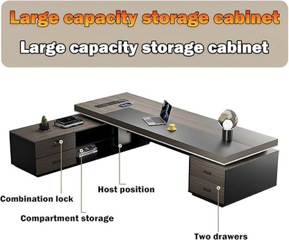 Modern Large Desk, Modern L-shaped Desk With Side Cabinets, Executive Desk With Combination Lock Drawer, Business Furniture Desk With Simple Cable Management (chair Not Included)(63x29.5x94.48inch)