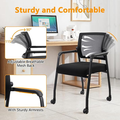 8PK Office Guest Chairs No Wheels | Ergonomic Lumbar Support and Thicked Seats Cushion, Desk Chair with Adjustable Mesh Back for Waiting Room School Church Reception，Black