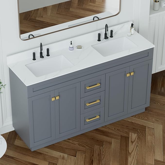 60 Inch Bathroom Vanity with Sink in Grey Painted Surface,Quartz Top with Undermount Ceramic Sink, Solid Wood Storage Cabinet,2 Soft Closing Doors, 6 Full Extension Drawers