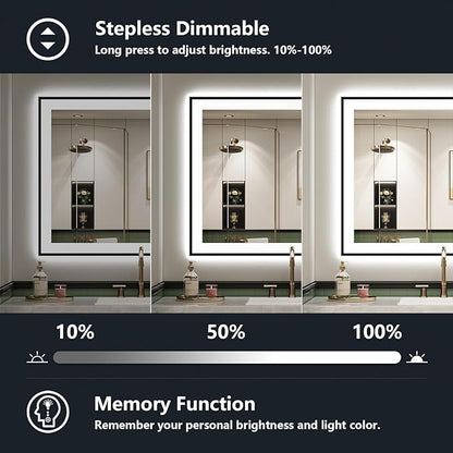 32x36 Inch LED Bathroom Mirror with Lights (Front Lit and Backlit) Black Framed Lighted Vanity Mirror for Bathroom Wall Dimmable Anti-Fog Memory Tempered Glass Horizontal/Vertical
