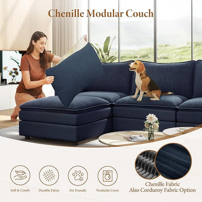 Vesgantti 142" Cloud Couch Sectional Modular Sofa, Comfy Sectional Couch with Ottoman Deep Seat Chenille L Shaped Sofa, Modular Couches for Living Room, Bedroom and Apartment, Blue