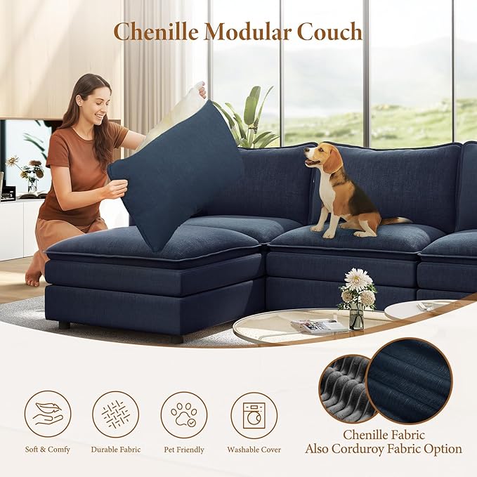 Vesgantti 108" Sectional Sleeper Sofa, 6-Seater Oversized Modular Cloud Couch with Movable Ottoman, Chenille Large Sofa Bed Convertible Deep Seat Couches for Living Room, Bedroom and Apartment, Blue