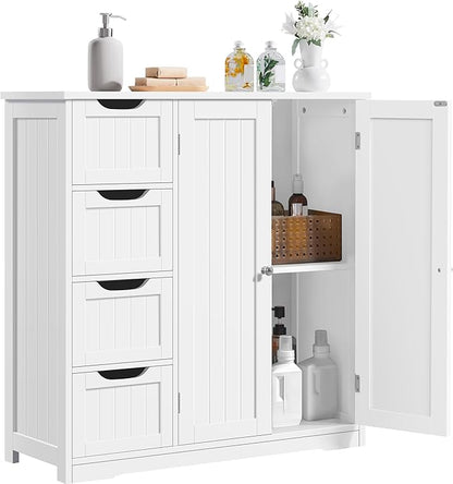 Yaheetech Wooden Bathroom Floor Cabinet, Side Storage Organizer Cabinet with 4 Drawers & Double Doors, Freestanding Entryway Storage Unit Console Table, Bathroom Furniture Home Decor, White
