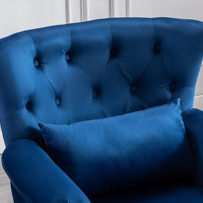 Accent Reading Arm Chairs with Ottoman for Living Room Bedroom, Midcentury Modern Comfy Corner Sofa Chair, Wingback Waiting Room Club Chair with Button Tufted Back &Lumbar Pillow, Velvet Blue