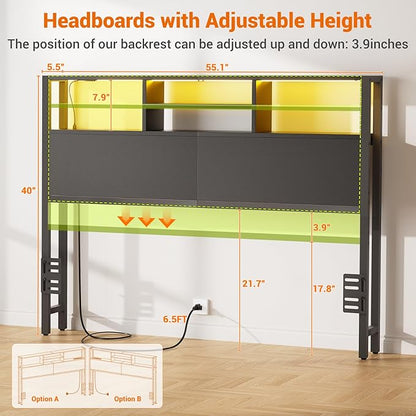 Aheaplus Headboard for Full Size Bed with Storage, Headboards with Outlets, USB Ports and LED Light, Full Size Head Board Only, Height Adjustable, Reversible, Sturdy and Stable Headboard, Black