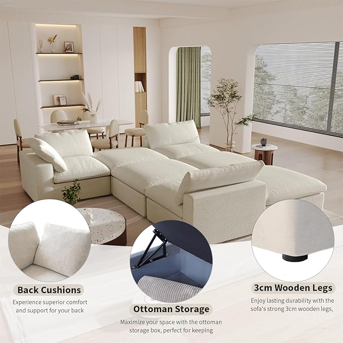 120" Cloud Modular Sectional Sofa with Storage Ottoman,Down Filled Comfort U Shaped Sofa Couch for Living Room,Minimalist Wide Deep Seat 5 Seater Convertible Couches for Office Apartment,Khaki