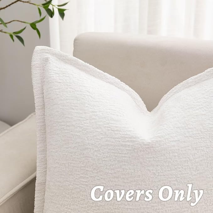 Cream White Decorative Throw Pillow Covers 18x18 Inch Set of 2 Cozy Soild Chenille Cushion Cases Soft Textured Square Couch Pillows Cover Boho Accent Farmhouse Pillowcases for Sofa Bed