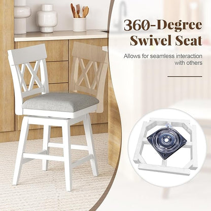 COSTWAY Bar Stool Set of 3 for Kitchen Island, 26" Counter Height Chair with Ergonomic Backrest, Foot Rest, Padded Seat & Solid Wood Structure, 360°Swivel Farmhouse Barstool with Back