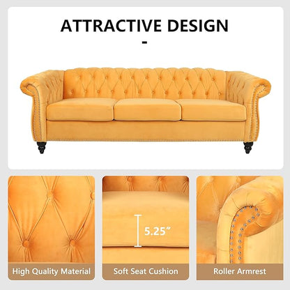 Home Sofa Living Room Furniture, 3 Seater 84" Velvet Upholstered Couch, Mid Century Modern Comfy Couch with Cushions, Classic Tufted Chesterfield Couches for Bedroom, Office, Apartment (Yellow)