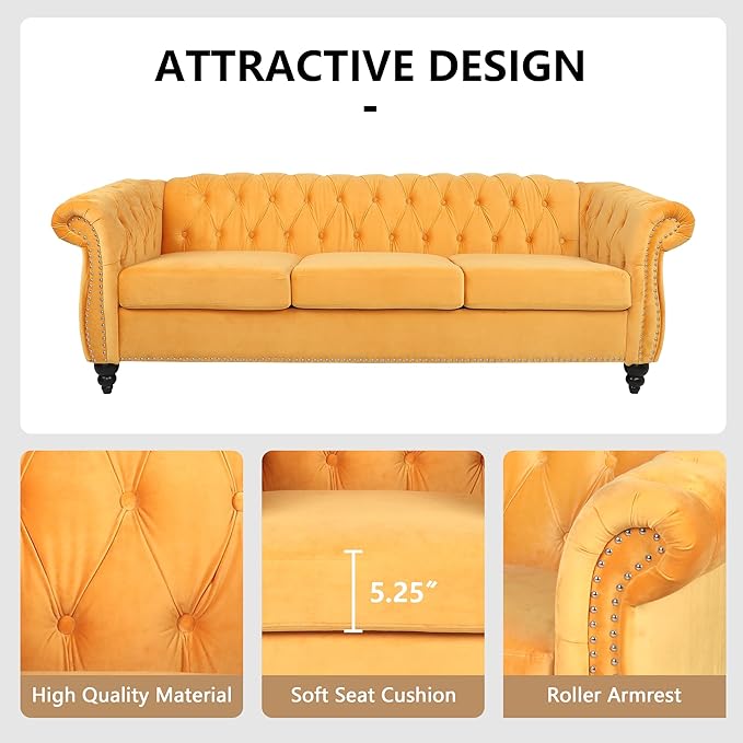 Velvet Sofa Couches Set, 3-Piece Mid Century Modern Upholstered Couch with Cushions, Home Sofa Sectional Furniture Sets, Comfy Tufted Chesterfield Couches for Living Room, Bedroom, Office