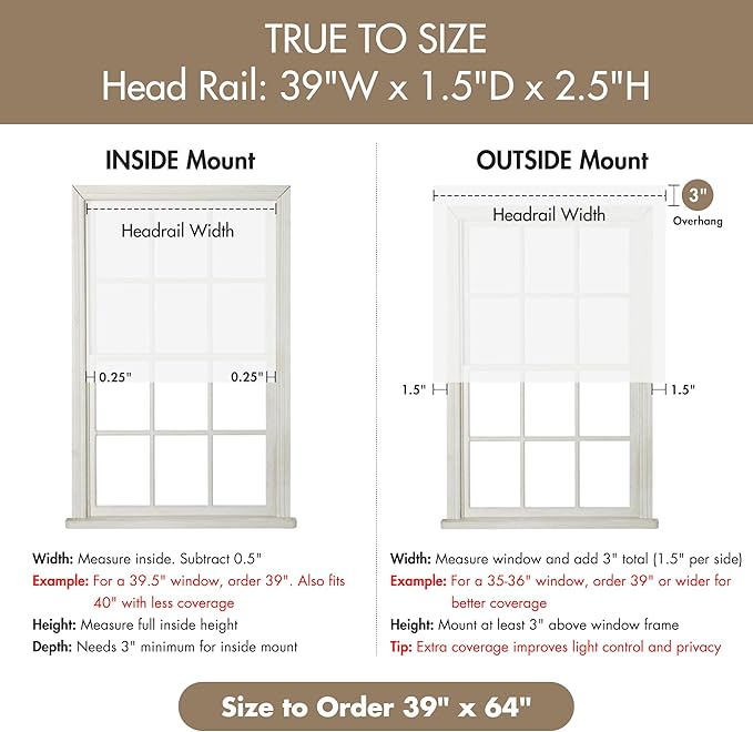 Madison Park Galen Matte White Cordless Roman Shades - Fabric Privacy Single Panel Darkening, Energy Efficient, Thermal Insulated Window Blind Treatment, for Home, Living Room Decor, 39" W x 64" H