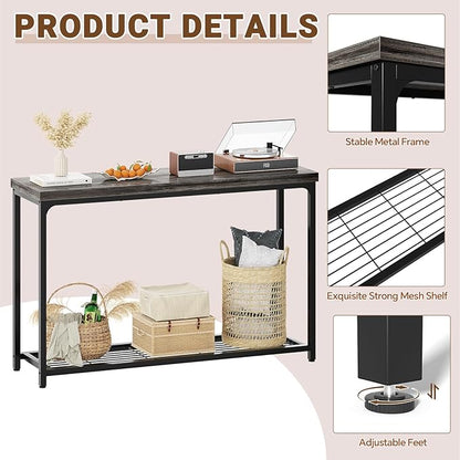 47" Console Table with Storage, 2 Tier Narrow Entryway Table, Sofa Table with Mesh Shelves, Console Tables for Living Room, Bedroom, Hallway, Entryway, Foyer, Oak Grey
