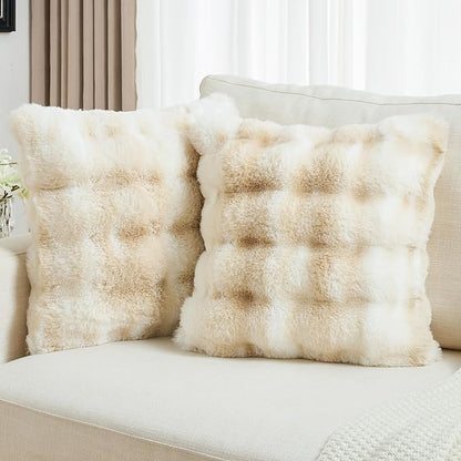 FUTEI Beige White Decorative Throw Pillow Covers 20x20 Inch Set of 2,Soft Fuzzy Faux Rabbit Fur Cushion Covers with Raised Texture,Neutral Boho Home Decor for Couch Bed Living Room