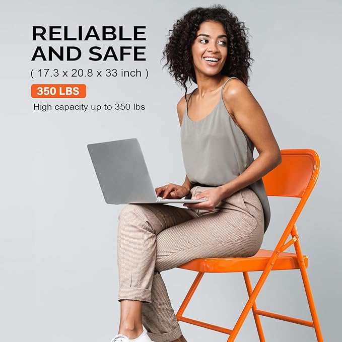 VINGLI Folding Chairs All Steel Metal Frame, Capacity 350 lbs, Durable Portable and Versatile for Indoor Outdoor Use, Orange, Set of 8
