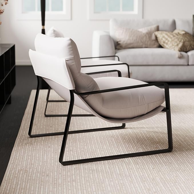LukeAlon Modern Linen Accent Armchairs Set of 2, Upholstered Soft Living Room Chairs with Metal Base Removable Thickened Cushion Sofa Chairs Comfy Lounge Chair for Bedroom Living Room, White