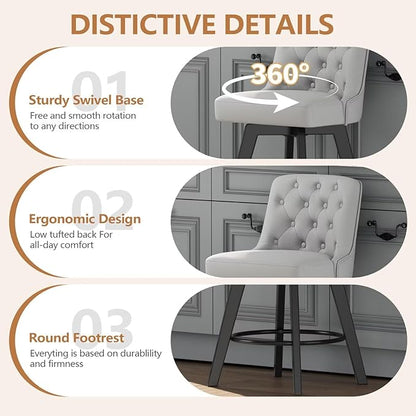 MINCETA Bar Stool, PU Leather Barstool, 30 Inch Upholstered Counter Stool with Low Tufted Back and Footrest, Swivel Counter Height Barstool for Kitchen Island Home Bar Light Gray