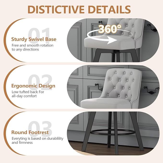 MINCETA Bar Stools Set of 2, PU Leather Barstools, 26 Inch Upholstered Counter Stools with Low Tufted Back and Footrest, Swivel Counter Height Barstools for Kitchen Island Home Bar Light Gray