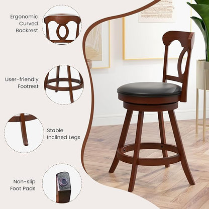 COSTWAY Bar Stools Set of 2, 24 Inch Swivel Counter Height Chairs with Ergonomic Back & Footrest, Vintage Wooden Barstool Set for Kitchen Island, Pub, Bistro, Café, Espresso (2, 24 Inch)