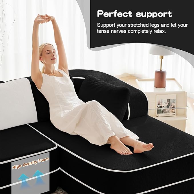 77.2" Oversized Double Lounge Chaise, Boneless Lounge Sofa Bed, Cloud Loveseat Sleeper Couch for Indoor Living Room, No Assembly Required, Teddy Fabric,Black