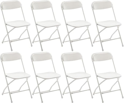 BTEXPERT® Set of 8, White Plastic Folding Chair Steel Frame Commercial High Capacity Event Chair Lightweight Set for Office Wedding Party Picnic Kitchen Dining Church School