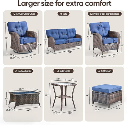 9-Piece Rotating Balcony Chair Set with 31-inch T-Shaped Wide backrest - Rattan Outdoor Rotating Balcony Chairs, Wide backrest Comfortable Outdoor Sliding Chair - Brown | Blue