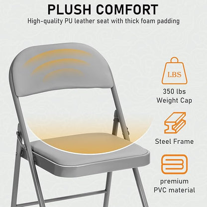 SEALAMB 10 Pack Grey Folding Chairs with Padded Seats & Cushion, Durable Metal Foldable Chairs for Wedding Party, Commercial Chairs for Office School Church Events, 330lb Capacity (Grey-PU, 10 Pack)
