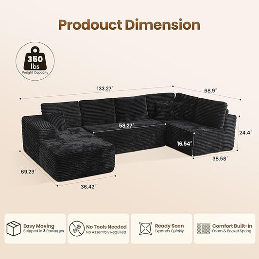 Cloud Sectional Couch with Chaise, Boneless U-Shaped Cloud Couch with Deep Seat, Soft Plush Modern Minimalist Sofa, Assembly Free Modular Floor Sofa for Office Living Room Apartment, Black