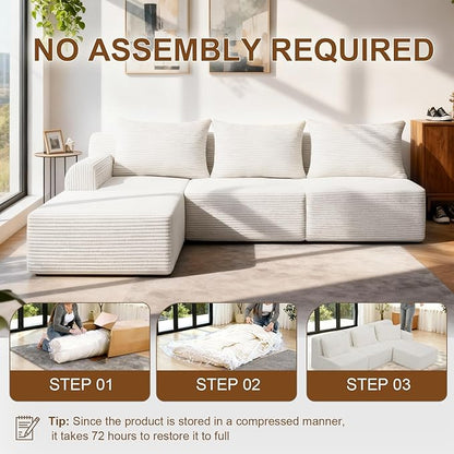 JSLOVE Modular L-Shape Sectional Sofa with Chaise, 3 Seat Movable Boneless Cloud Couch in One Box, Sofa Couch Bed with Ultra-Soft Corduroy Fabric, No Assembly Required for Living Room, Bedroom(Beige)