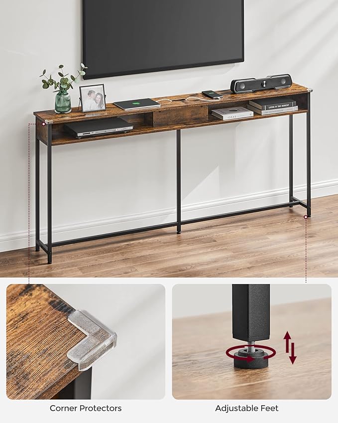 VASAGLE 70.9-Inch Console Table with Outlet and Shelves, Sofa Table with Charging Station, Behind Couch Table Skinny, Entryway Table for Hallway, Living Room, Rustic Brown and Ink Black ULNT118B01