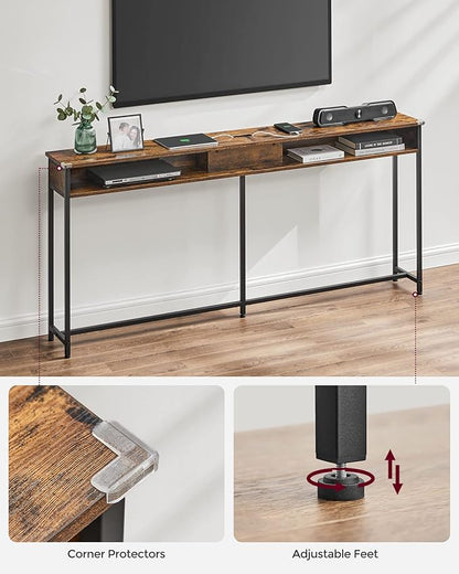 VASAGLE 70.9-Inch Console Table with Outlet and Shelves, Sofa Table with Charging Station, Behind Couch Table Skinny, Entryway Table for Hallway, Living Room, Rustic Brown and Ink Black ULNT118B01