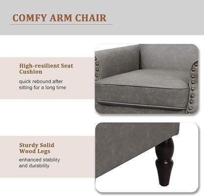 Accent Chair, Mid Century Modern Faux Leather Arm Chair with Wood Leg for Living Room, Bedroom, Comfy PU Leather Club Reading Chairs with Wingback & Nailhead Trim (Leather Grey, Set of 1)