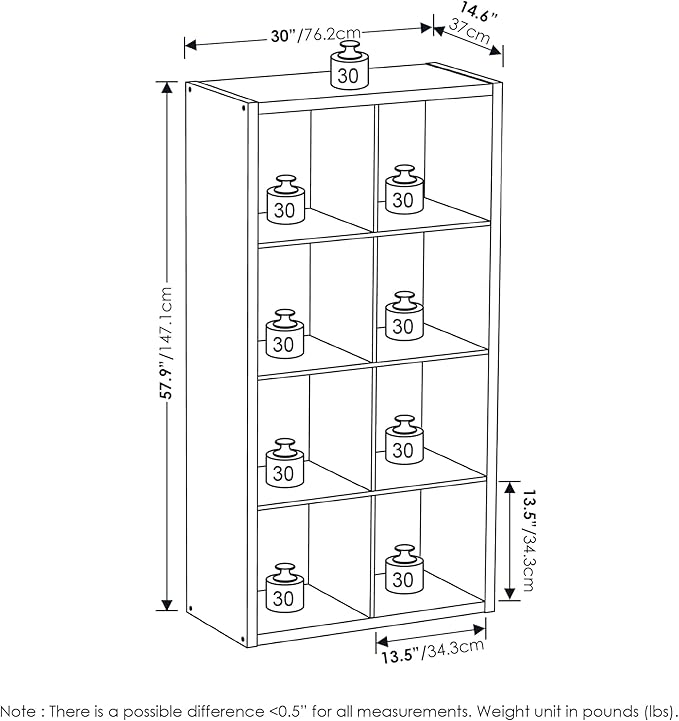 Furinno CUBICLE Book Shelf, 8-Cube Thick Frame Bookshelf, Horizontally & Vertically Reversible Bookcase with Open Back, 14.6 x 30 x 57.9, for Living Room, Bedroom, Home Office, Black Dark Oak