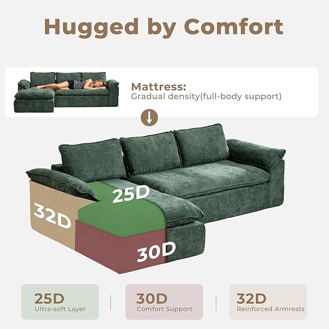 Modular Sectional Sofa, 107.5" L-Shaped Boneless Couch with Deep Seat, Modern Minimalist Upholstered Cloud Sectional Couch for Living Room Bedroom, No Assembly Required, Green Chenille