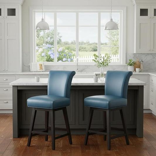CHITA 26 Inch Counter Height Swivel Bar Stools Set of 4, FSC Certified Modern Upholstered Faux Leather Swivel Barstool Chair with Back, Blue
