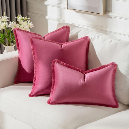 FUTEI Hot Pink Velvet Decorative Throw Pillow Covers 16x16 Set of 2,Soft Cozy Edge with Tassels Cushion Case,Boho Modern Home Decor for Couch Bed Living Room