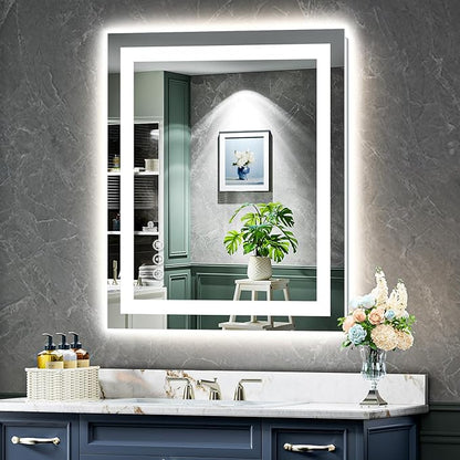 28x32 Inch LED Bathroom Mirror with Lights Front and Backlit Lighted Vanity Mirror for Bathroom Wall with 3 Colors Dimmable Anti-Fog Memory Shatter-Proof IP54 Waterproof Horizontal/Vertical