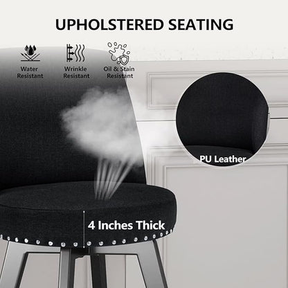 MINCETA Bar Stools Set of 4, 26 Inch Upholstered Barstools with High Back and Footrest, Swivel Counter Height Barstools for Kitchen Island Home Bar Black