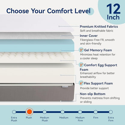 Amazon Basics Memory Foam Mattress, Soft Plush Feel, 12 Inch, King, White/Grey